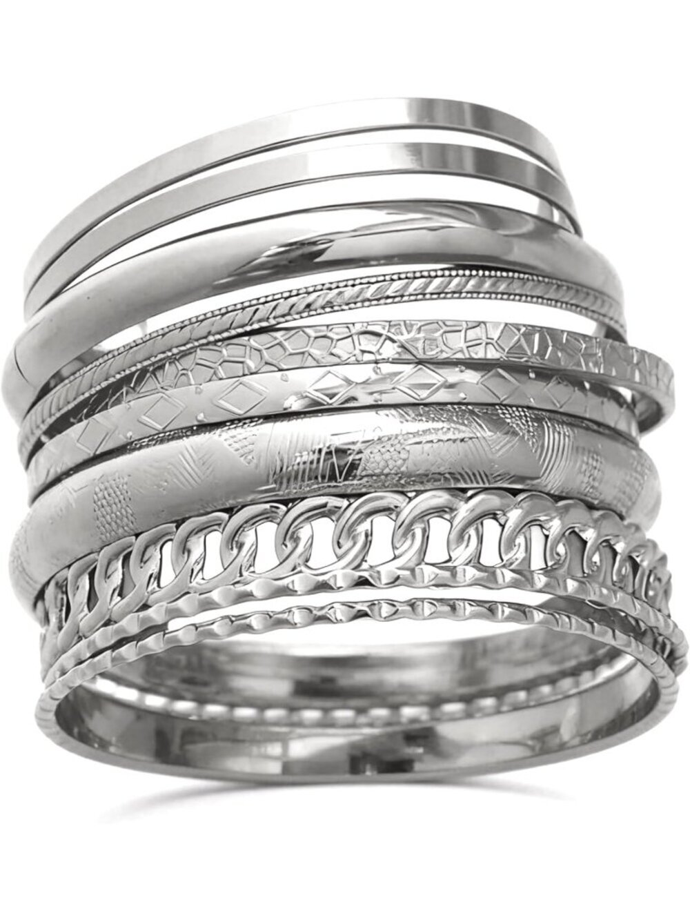 Women's Indian Bangles Set, Multi Layer Textured Silver Plated Chunky Bracelet